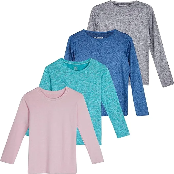 Real Essentials 4 Pack: Girls Dry-Fit Long Sleeve Active Crew Neck T-Shirt ...