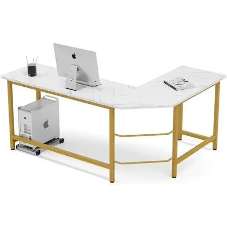 Modern L-Shaped Desk, Corner Computer Desk PC Workstation, White Faux Marble/Gold ...