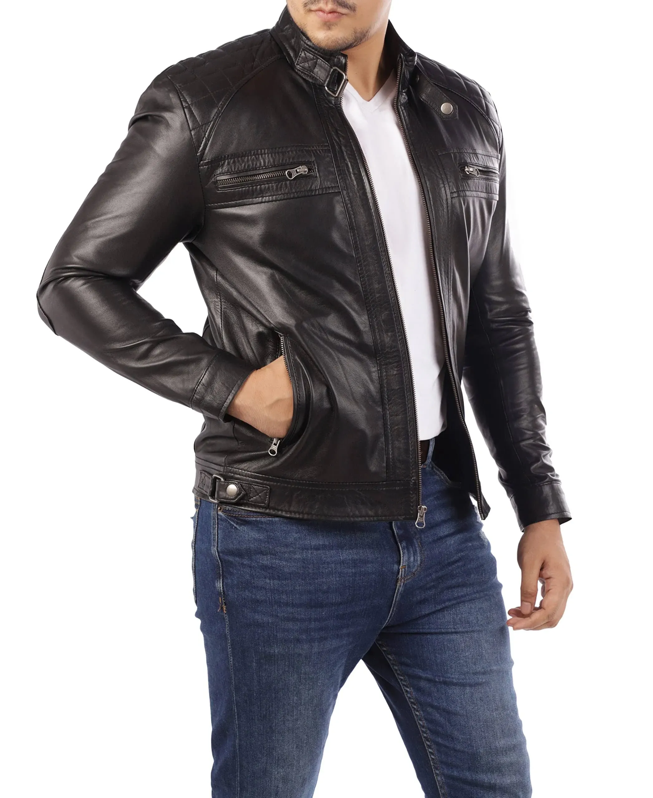 Signature Diamond Style Café Racer Lambskin Leather Jacket Men Motorcycle Jacket