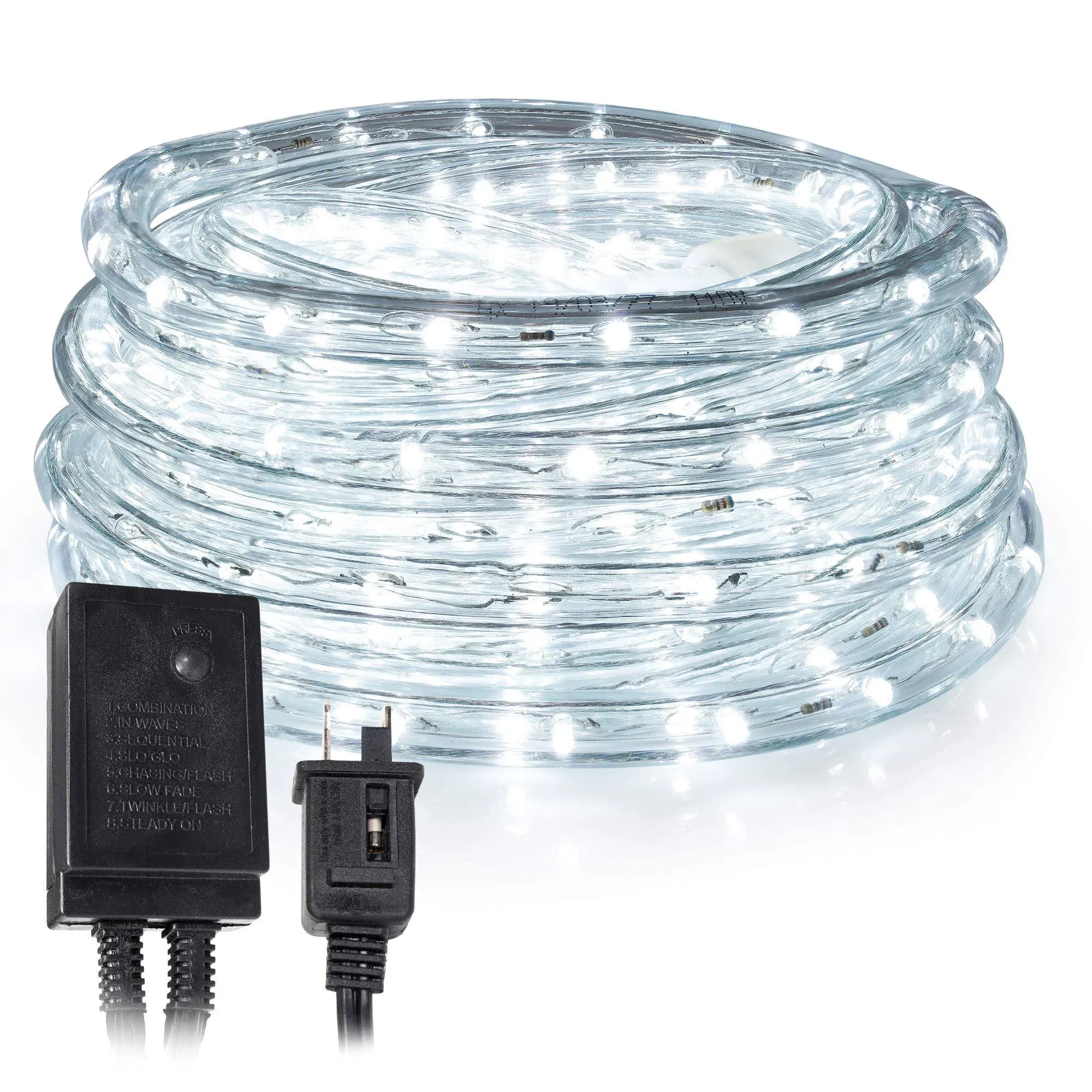 West Ivory 648LEDs, 60ft LED 1/2” Cool White Rope Light w/ 8 Mode Controll