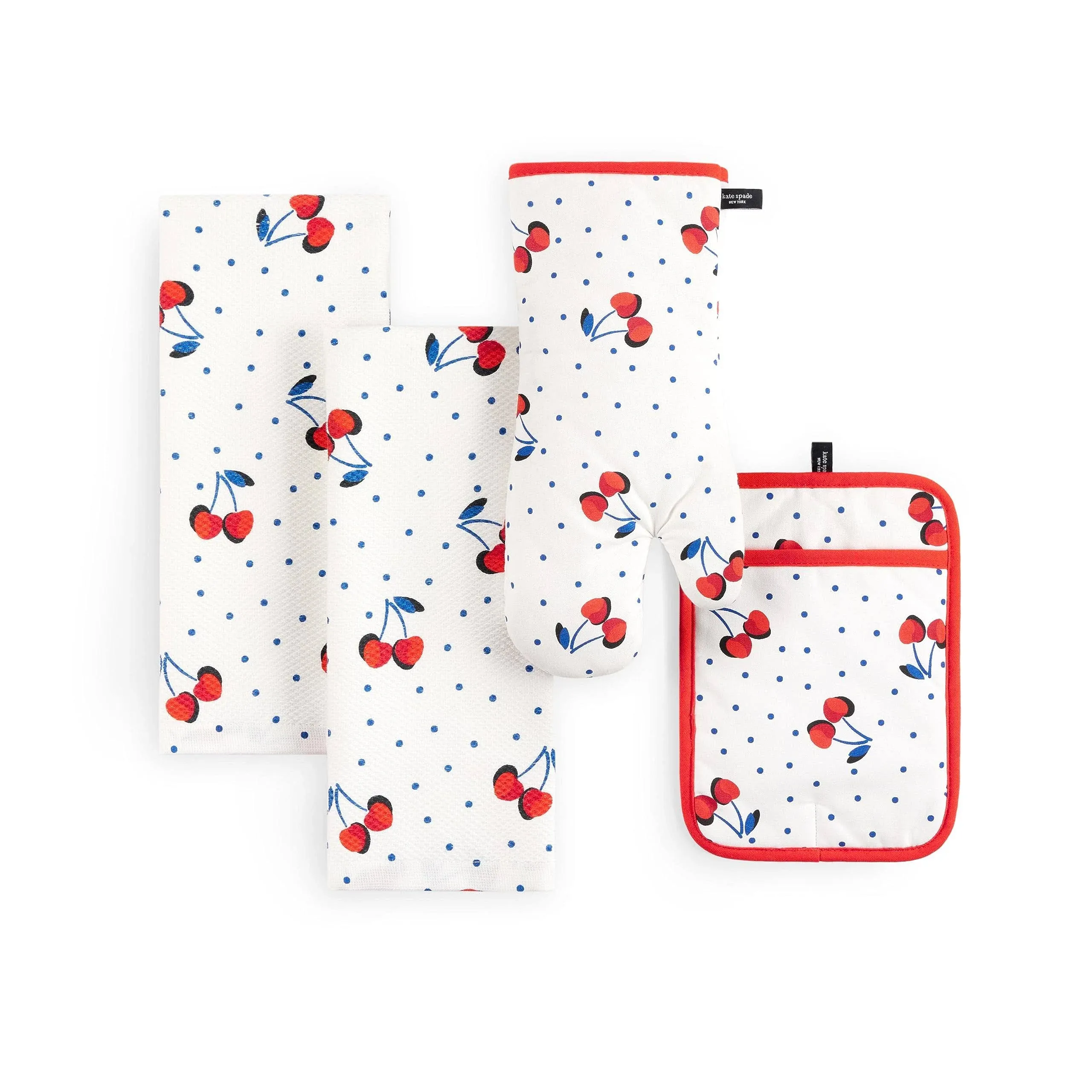 Kate Spade New York Cherry Dot Kitchen Towel, Oven Mitt Pot Holder 4-Pack Set, - White, Red, Blue