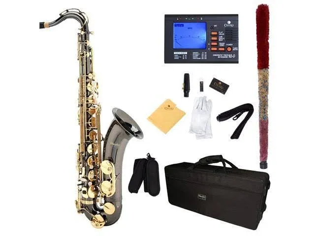 Mendini by Cecilio Tenor Saxophone, L+92d B Flat, Case, Tuner, Mouthpiece, Black with Gold Keys