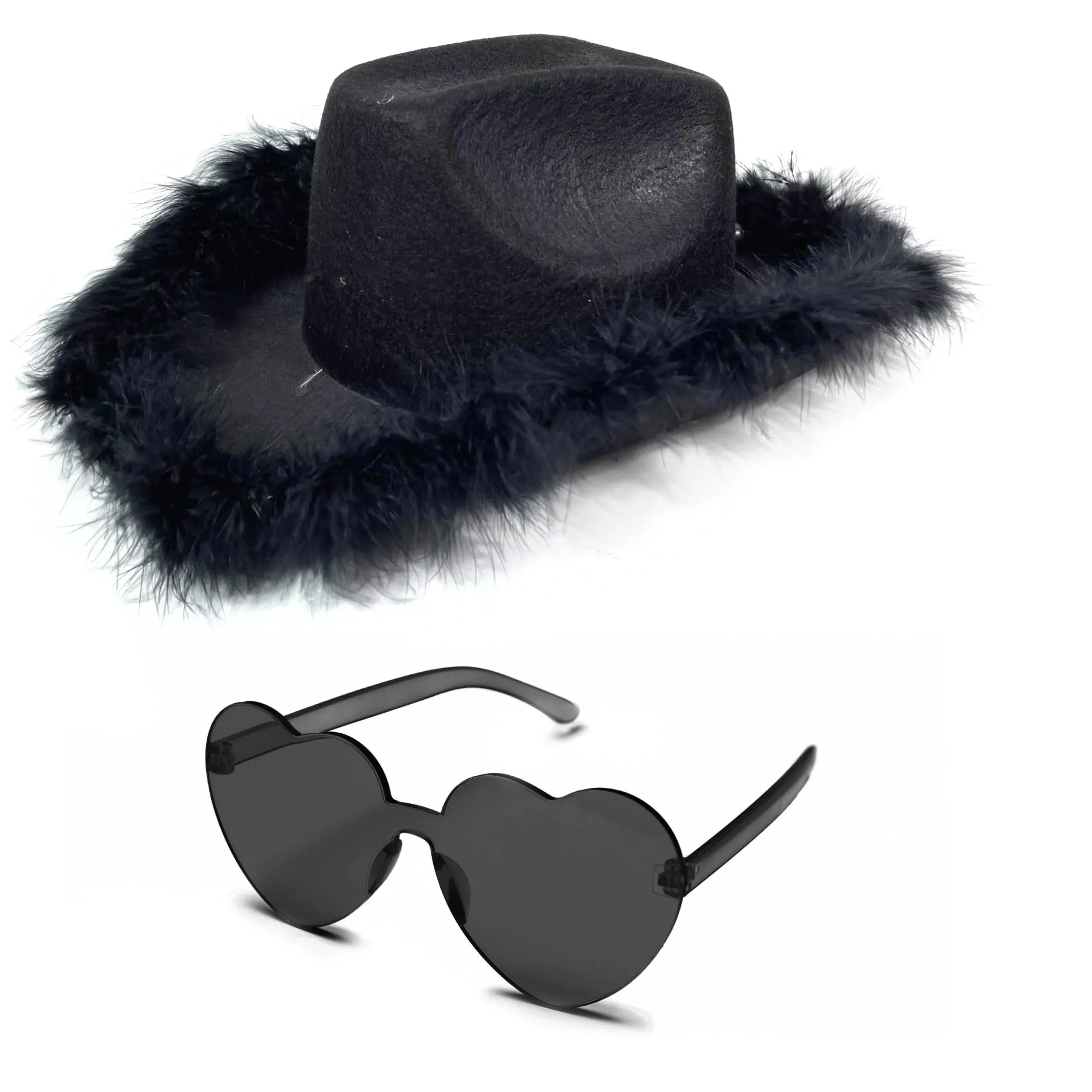 4E's Novelty Cowboy Hat with feathers With Heart Shaped Sunglasses for Women, Felt Cowgirl Hat for Party Costume Dress Up