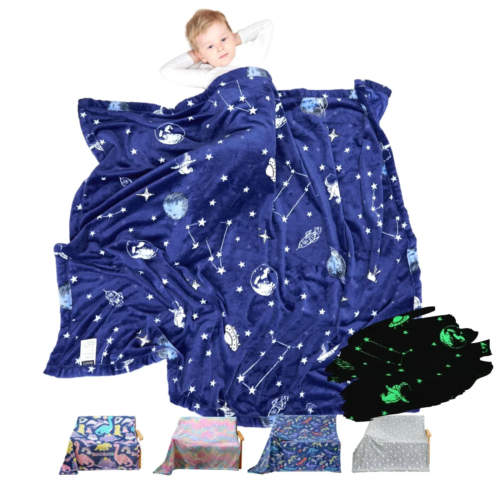 Lazzzy Space Glow in The Dark Throw Blanket Blue Kids Throw Blankets for Couch Bed Soft Flannel Throw Blanket All Seasons Christmas Gifts for Girls Boys 50x60 inch