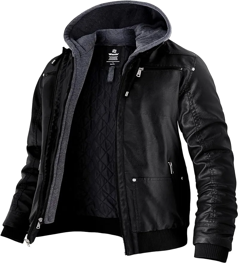 wantdo Men's Faux Leather Jacket with Removable Hood Motorcycle Jacket Casual Warm Winter Coat