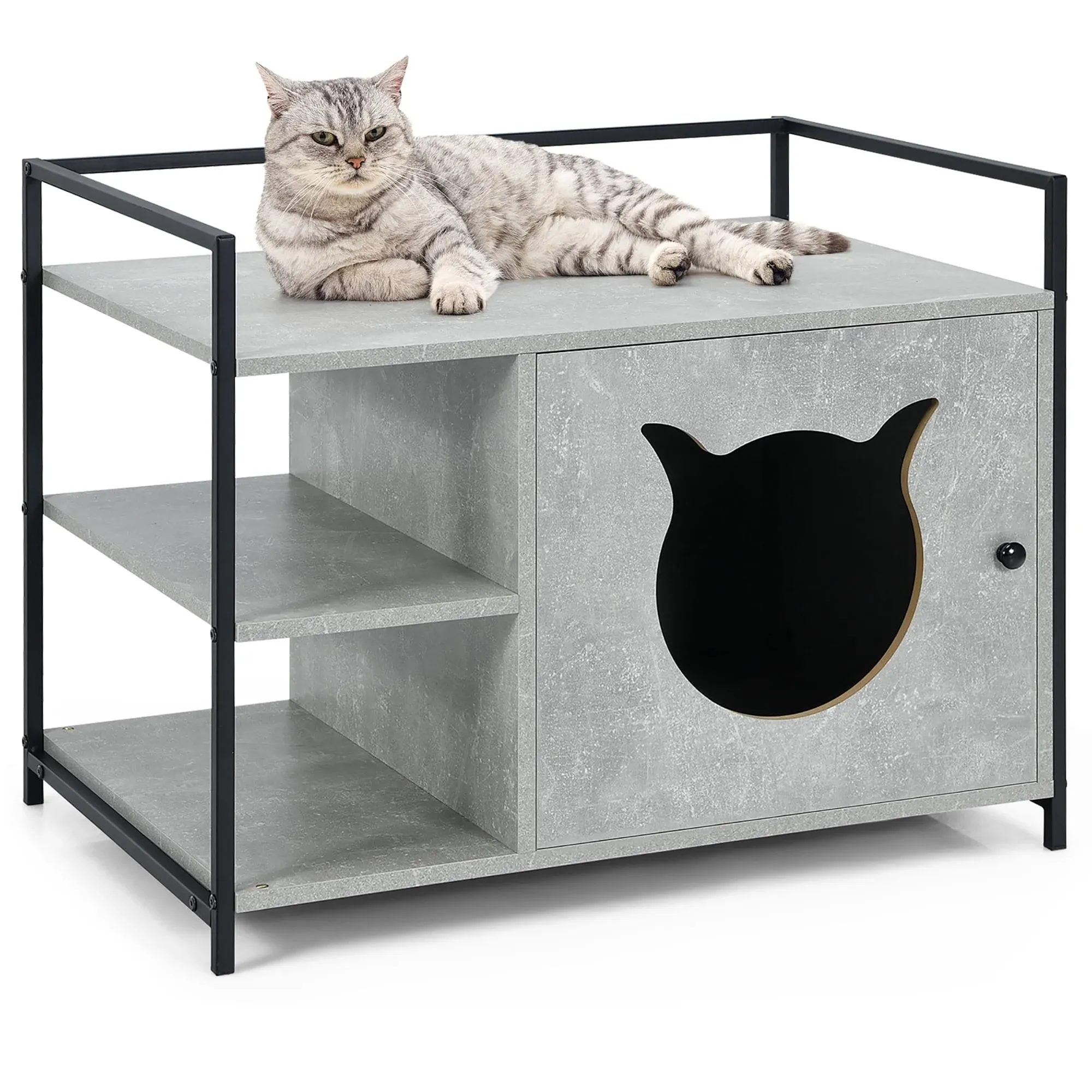 Costway Cat Litter Box Enclosure Hidden Litter Furniture Cabinet w/ 2-Tier Storage Shelf Gray