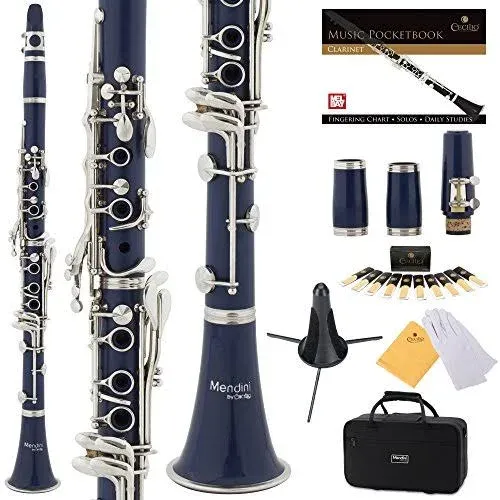 Mendini by Cecilio B Flat Beginner Clarinet with 2 Barrels, Case, Stand, Book, 10 ...