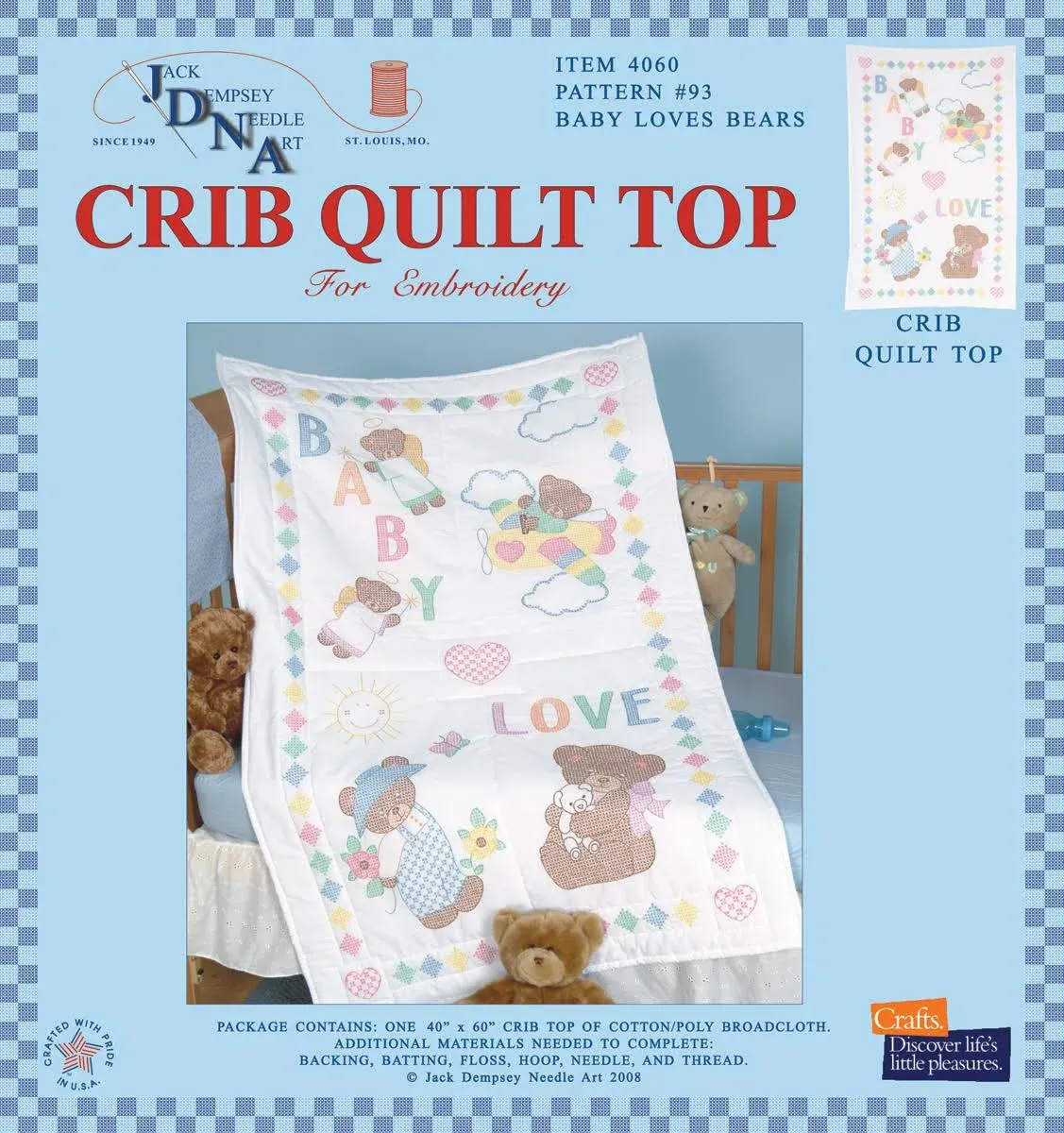 Stamped White Quilt Crib Top, 40-Inch by 60-Inch, Baby Love Bears