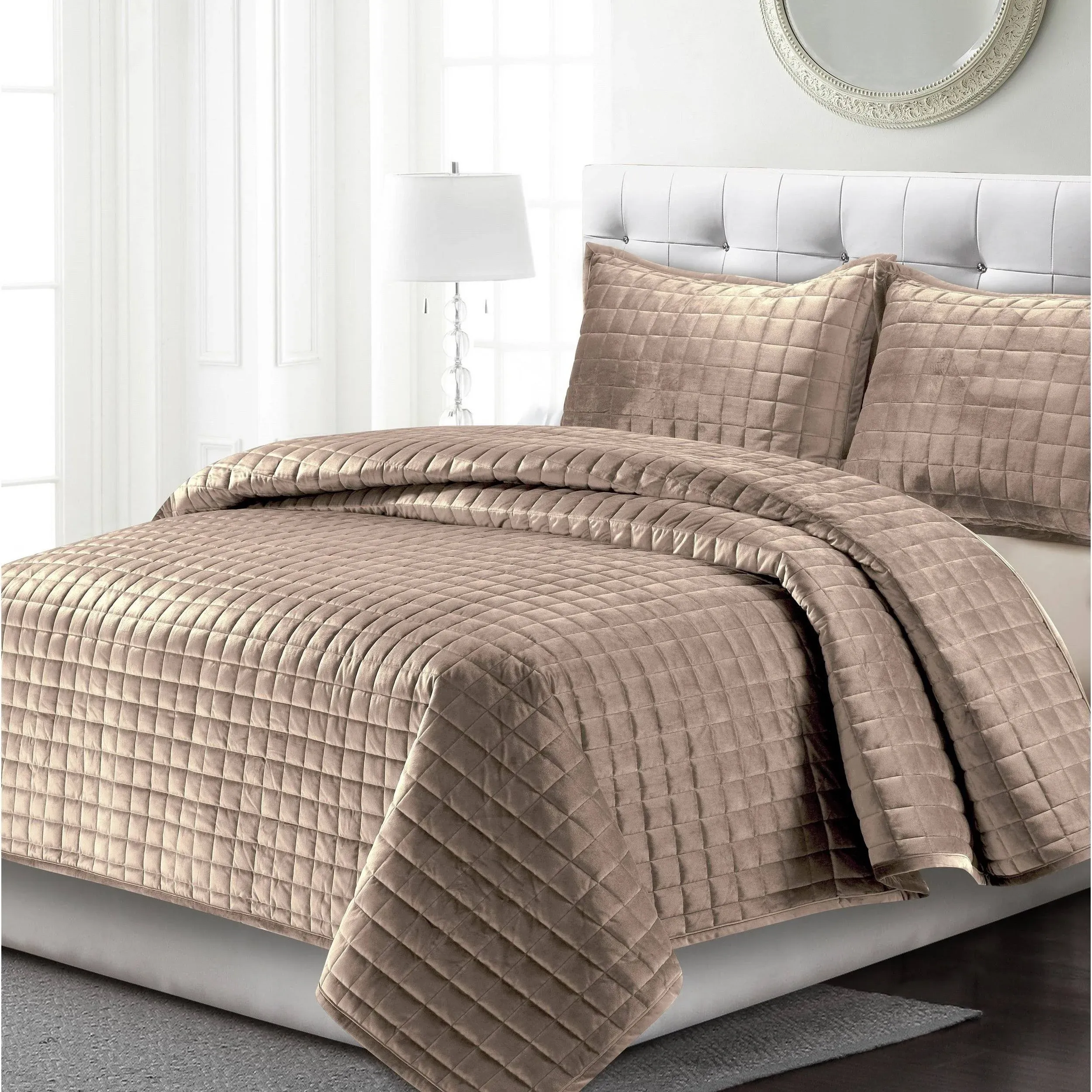 Tribeca Living Florence Velvet Oversized Solid Quilt Set King Taupe