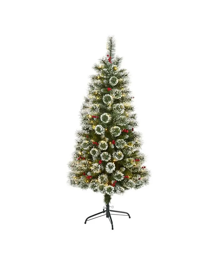 Nearly Natural Frosted Swiss Pine Artificial Christmas Tree Clear LED Lights & Berries