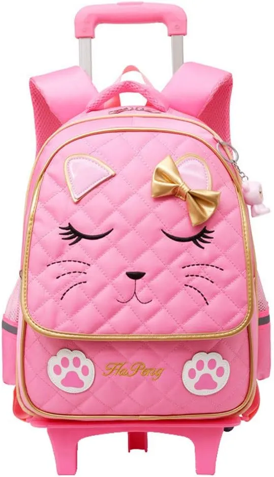 MITOWERMI Cute Rolling Backpack for Girls Trolley School Bags Cat-face Bowknot Girls Backpacks with Wheels Kids Carry-on Travel Luggage Pink-2 Wheels