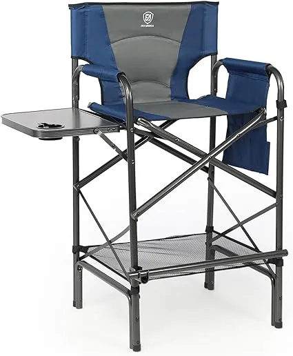 EVER ADVANCED Tall Folding Chair 30.7" Seat Height Directors Chair High Foldable Bar Stool for Makeup Artist Face Painting with Side Table Cup Holder and Storage Pocket Supports 350LBS (Blue/Grey)