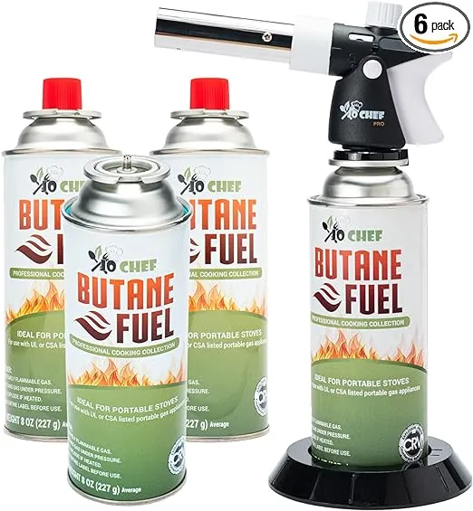 Jo Chef Pro Butane Torch Lighter - Refillable Butane Torch Head, Small Butane Torch with Safety Lock & Adjustable Flame - Culinary Blow Torch, Creme Brulee Torch, Baking, Included 4 Butane Canisters