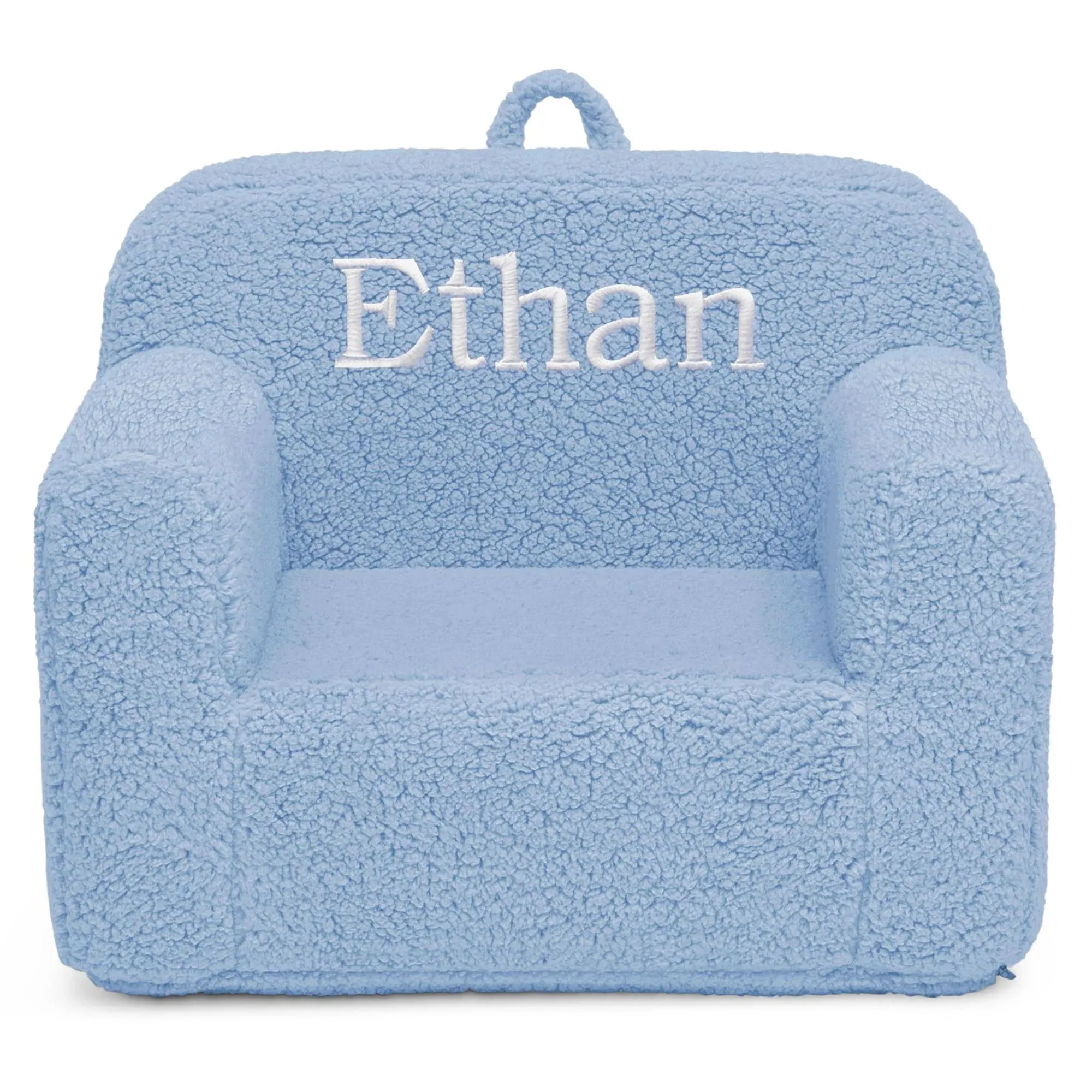 Delta Children Personalized Sherpa Cozee Chair - Customize with Name – Foam Kids Chair for Ages 18 Months and Up, Powder Blue