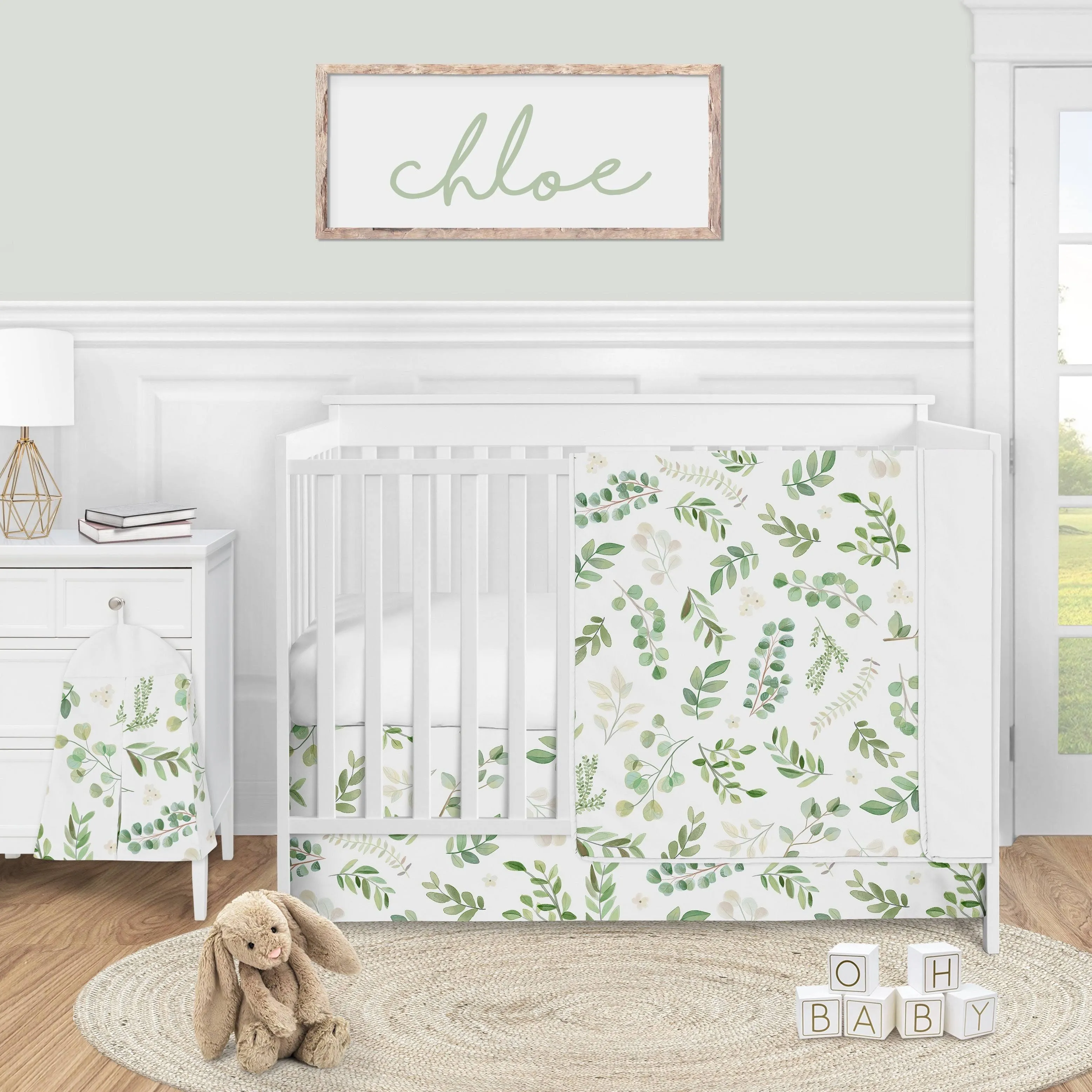 Sweet Jojo Designs Floral Leaf Baby Girl Nursery Crib Bedding Set - 4 Pieces - Green and White Boho Watercolor Botanical Woodland Tropical Garden