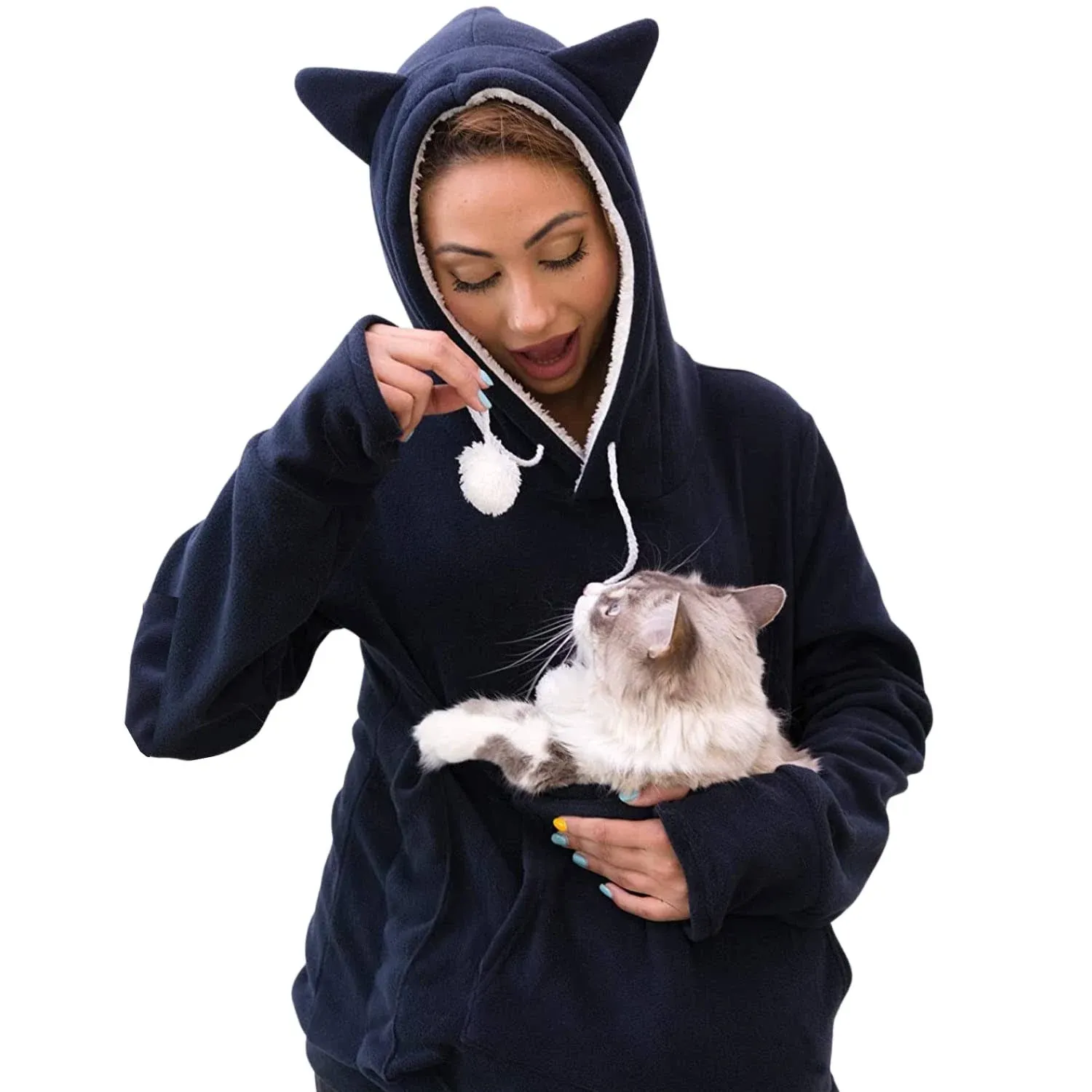 KangaKitty Pouch Hoodie with Ears | Wearable Cat & Small Dog Carrier | Women's Long Sleeve Pullover Sweatshirt (X-Large) Blue