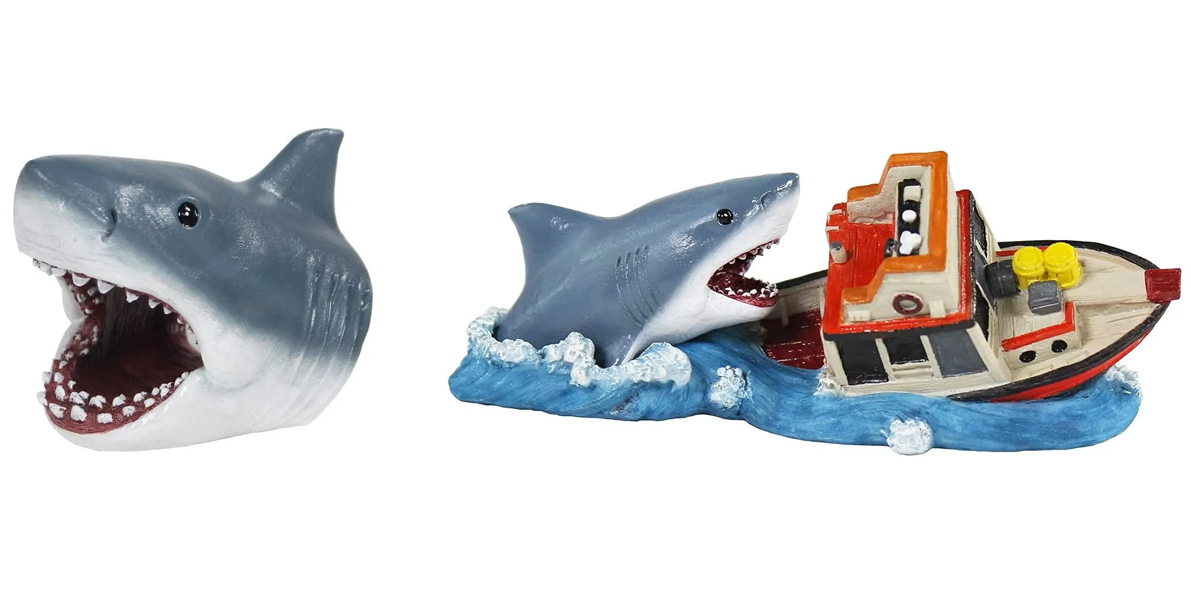 Penn-Plax Jaws Officially Licensed 2-Piece Aquarium Ornament Bundle – Comes with Boat Attack and Shark Swim-Through – Small