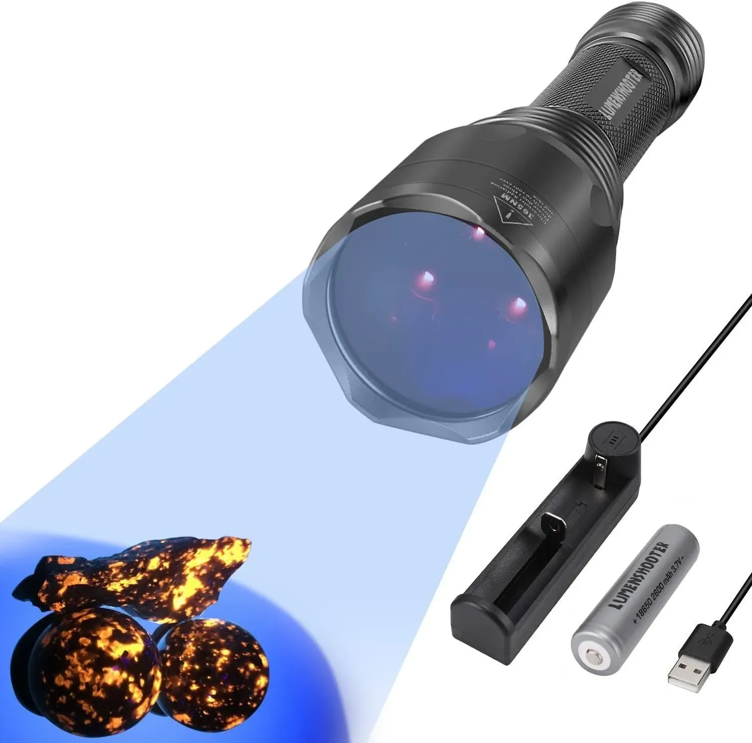 LUMENSHOOTER S3 365nm UV Flashlight with 3 LEDs, Rechargeable Black Light Torch for Resin Curing, Rocks Searching, Scorpion & Pet Urine Finding