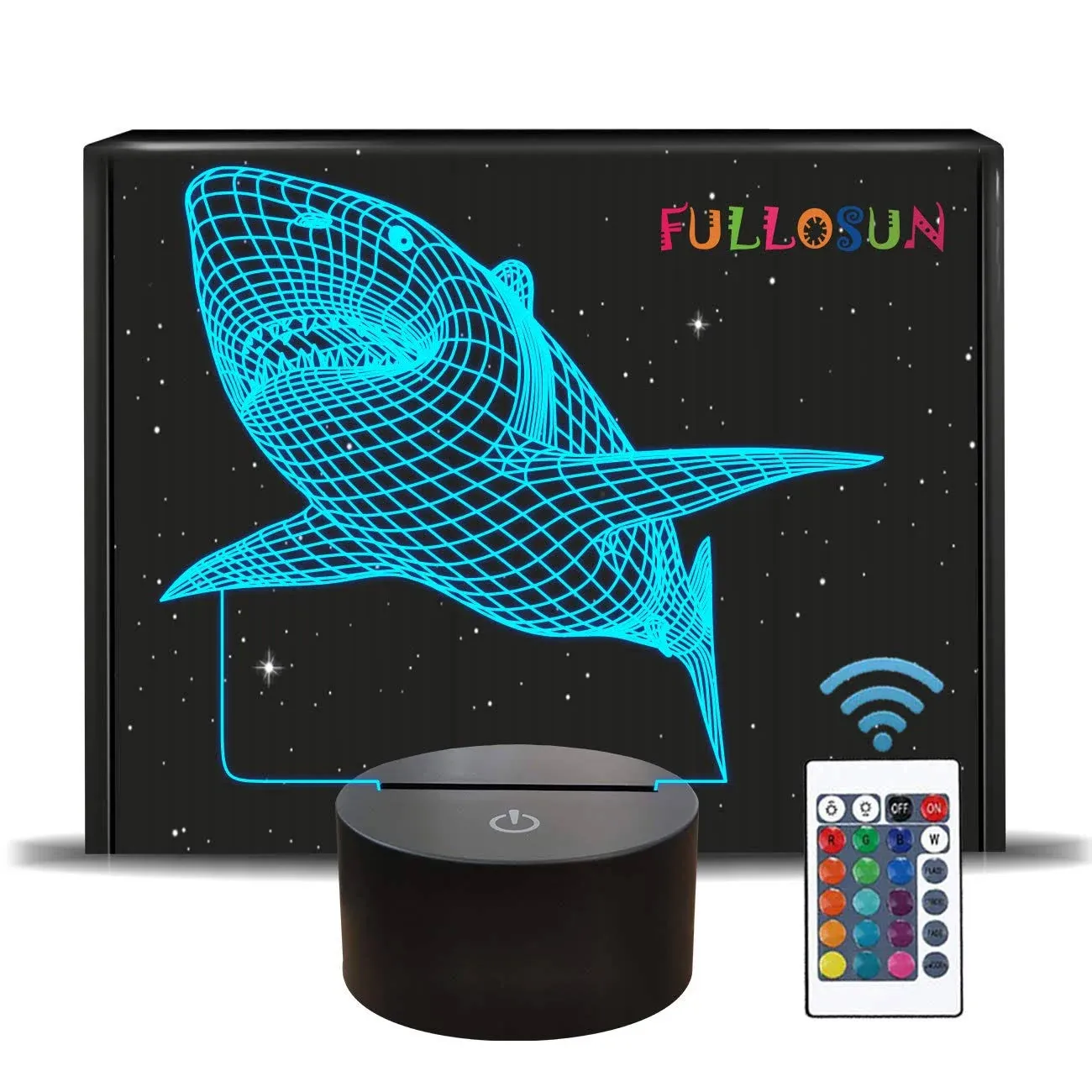 FULLOSUN 3D Illusion Lamp Shark Night Light with Remote Control Optical Touch 16 Color Changing Desk Lamps Kids Room Decor Festival Birthday