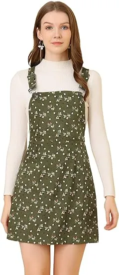 Adjustable Strap Pinafore Corduroy Floral Bib Overalls Dress, Green / M