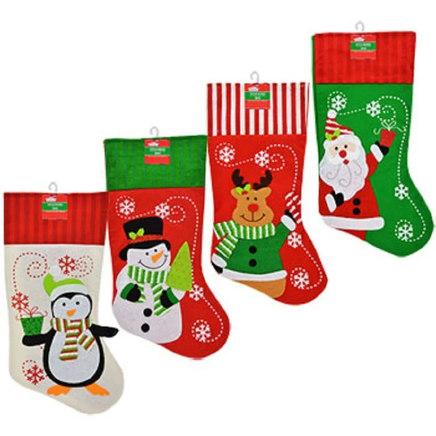 Set of 4 Pack: Christmas House Polyester Christmas Character Stockings with Striped Cuffs, 18 Inch