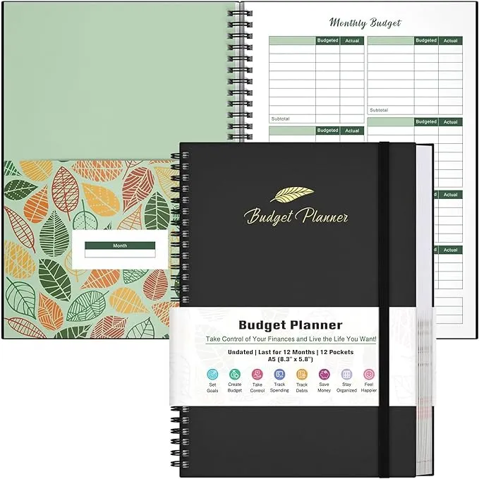 Budget Planner, Budget Book with Expense Tracker, Financial Planner with 12 Pockets, Undated Monthly Bill Organizer Notebook for Saving Money, Debt Tracker, Spending Tracker 8.3" x 5.8" (A5, Green)