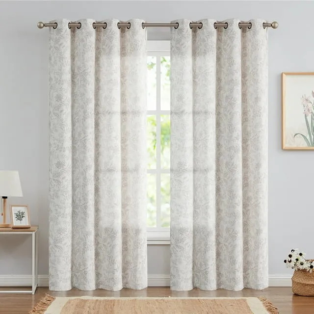 Curtainking Floral Curtains Linen Farmhouse Curtains for Living Room 96 inch Country Curtains Grommet Top Semi Sheer Curtains Light Filtering 2 Panels Verbena Grey on Beige