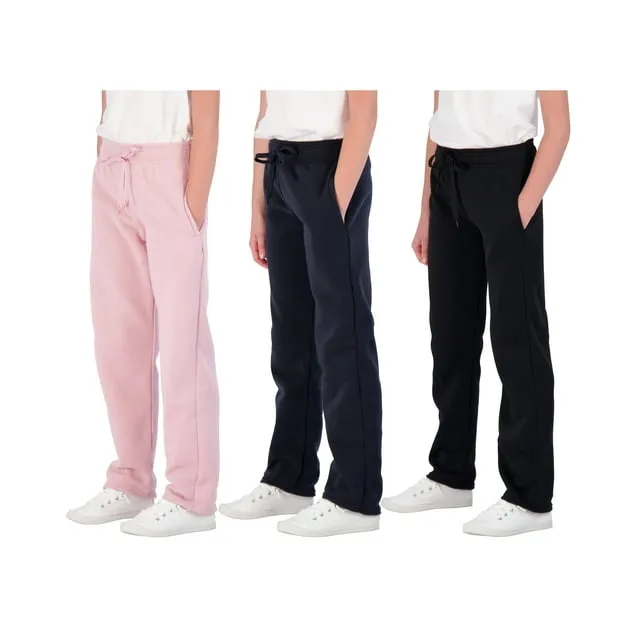 Real Essentials 3 Pack: Girls' Fleece Open Bottom Soft Athletic Performance Casual Sweatpants(Ages 7-16)