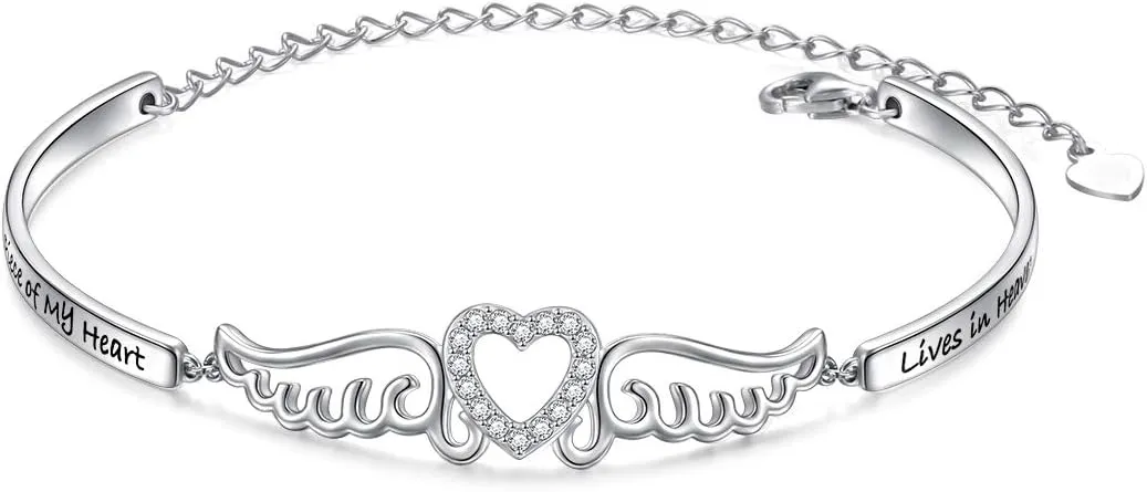 FLYOW S925 Sterling Silver A Piece of My Heart is in Heaven Bracelet Angel Wings Jewelry in Memory of Mom Dad Grandma Grandpa Baby Loss Memorial Gift