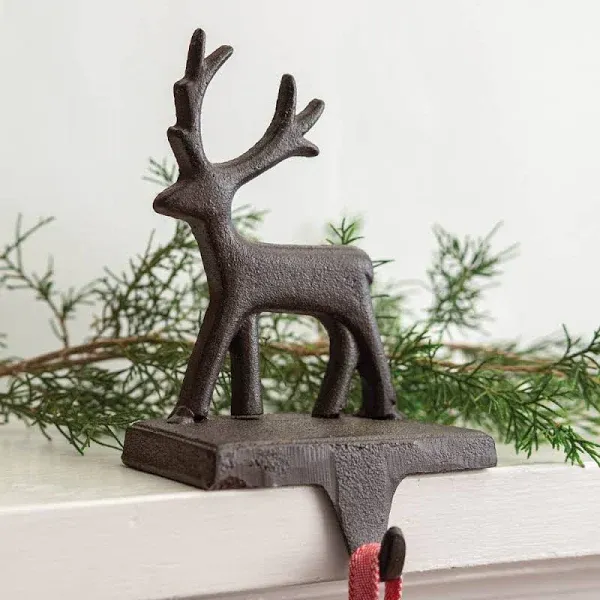 VTG Set (2) Black Cast Iron Reindeer Stocking Holders Christmas Stag Deer Hearth