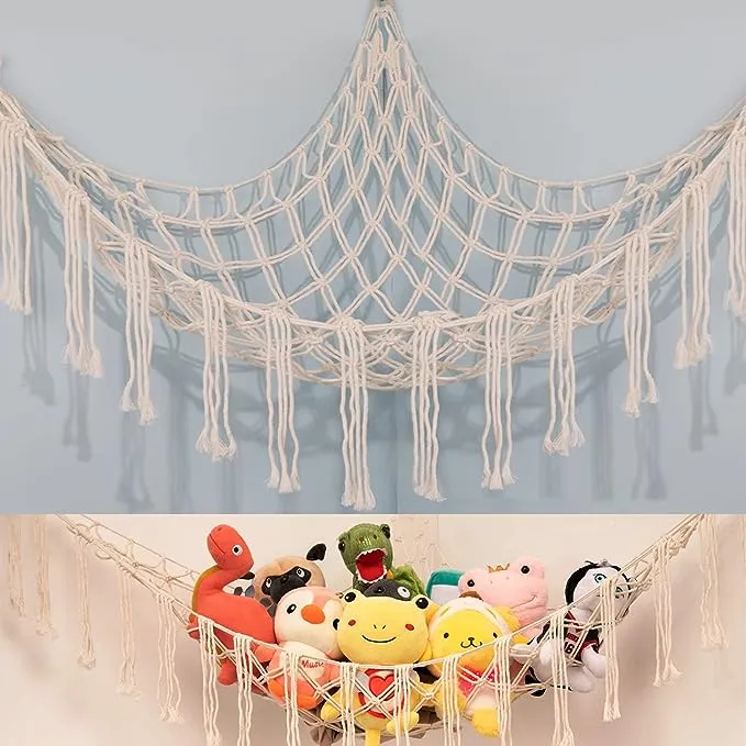 Boho Stuffed Animals Net or Hammock Large,55 inch Toy Hammock Macrame Stuff Animal Storage Corner Hanging Net Holder,Mesh Hammock Plush Toy Organizer with Hooks for Bedroom,Nursery (White)