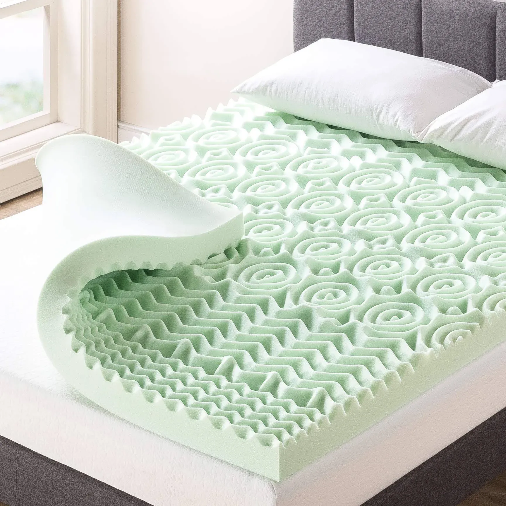 4 Inch 5-Zone Memory Foam Mattress Topper, Calming Green Tea Infusion, Short Que