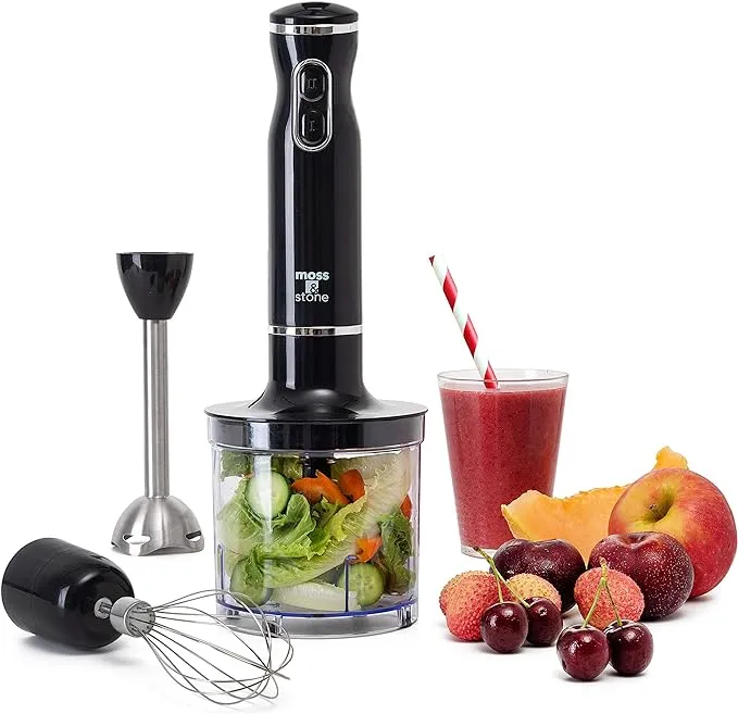 Moss & Stone Hand Blender Electric - With Egg Whisk & Chopper, Powerful 300- Watt - Immersion Hand Blender, Hand Mixer Set Stainless Steel Shaft & Blades, Handheld Blender With Ergonomic Handle (Black)