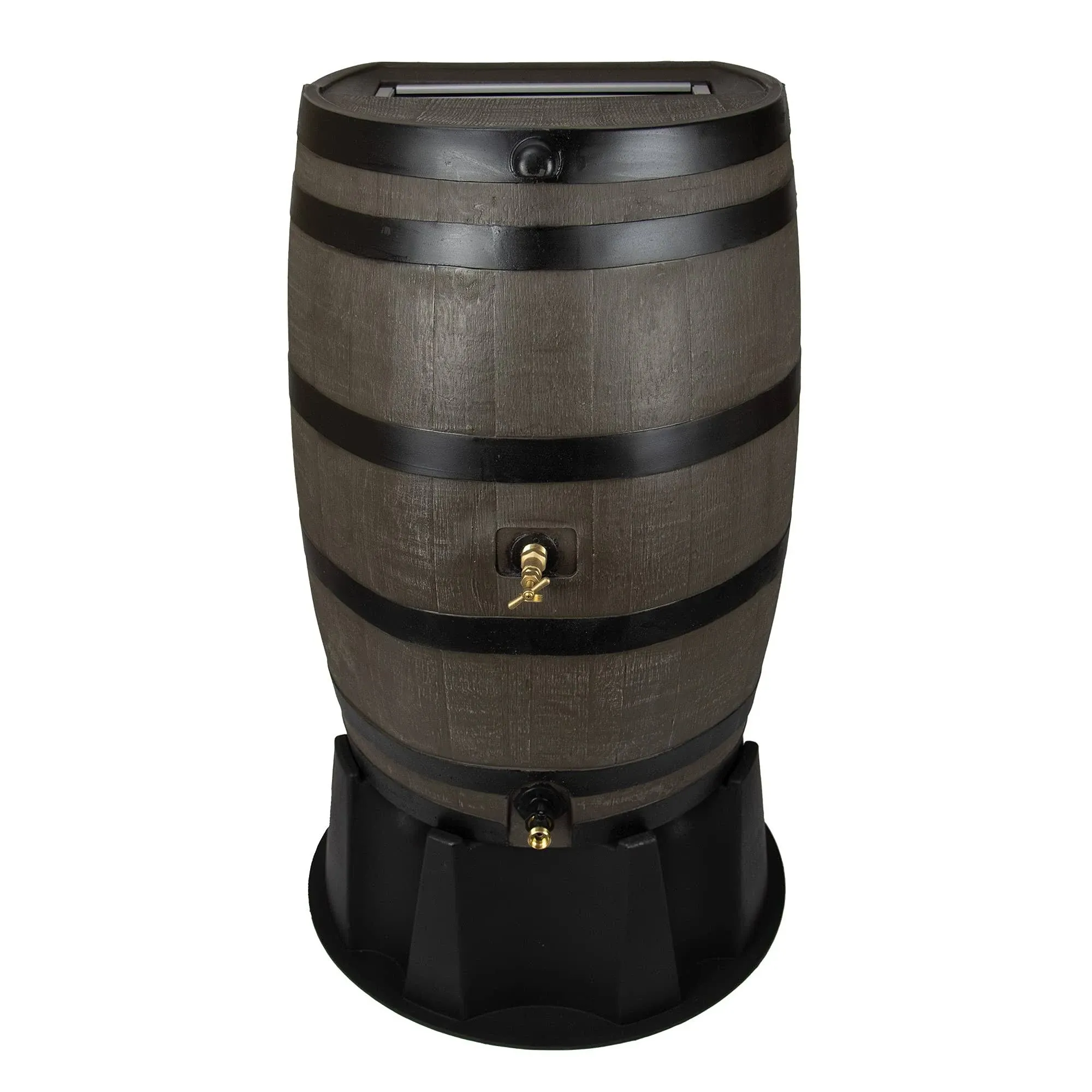 Polyethylene 50 Gallon Flat Back Dual Spigot Rain Barrel with Stand, Woodgrain with Black Stripes