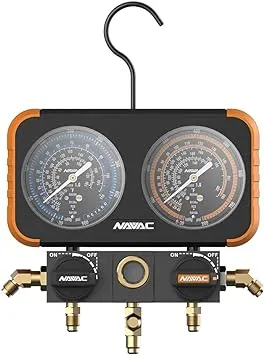 NAVAC N2A4 Manifold Gauge | Class 1.0 Accuracy | Impact-Resistant HVAC Gauge | Aluminum Body and Rubber Cover | Easy-to-Read Analog Display | Folding Hook | 1 Year Warranty