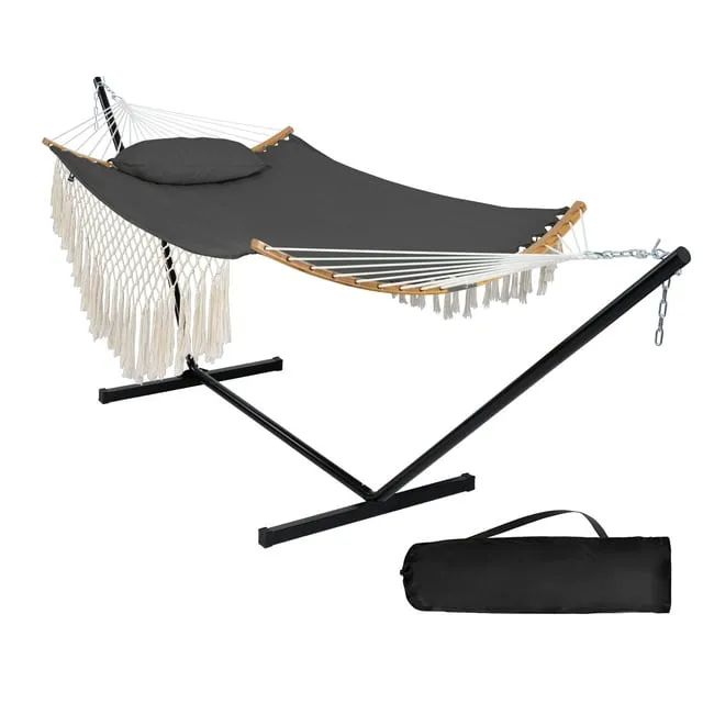 SUNCREAT Hammocks Portable  Poly-Cotton Fabric Hammock with Stand Included,Solid Gray with Tassel