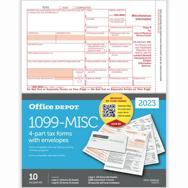 Office Depot&reg; Brand 1099-MISC Laser Tax Forms And Envelopes, 4-Part, 2-Up, 8-1/2&quot; x 11&quot;, Pack Of 10 Form Sets