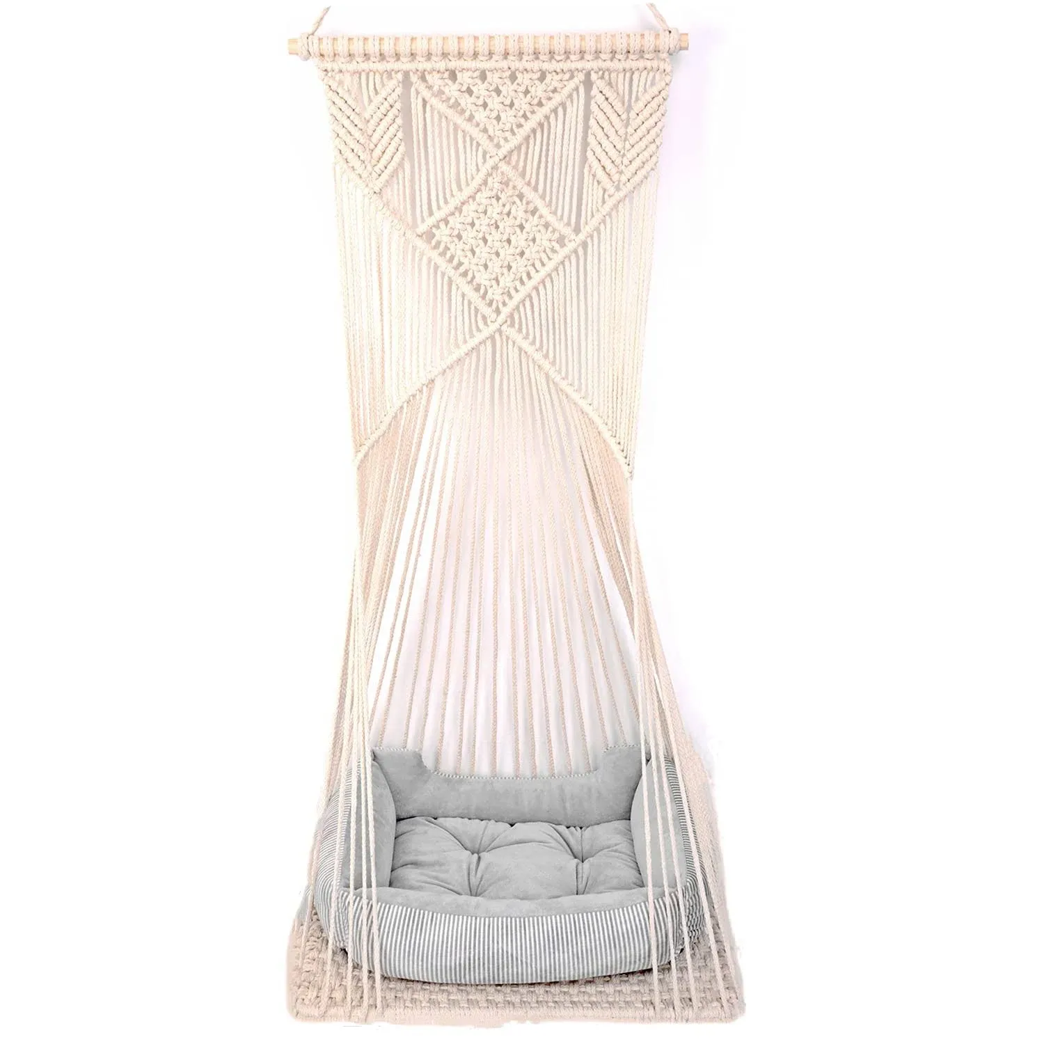 Cat Bed Cat Hammock Macrame Cat Swing Bed Cat Cage Cotton Rope Hanging Cat House Cats Toy Tassel Basket Tapestry (Beige, Swing Bed+Cushion)