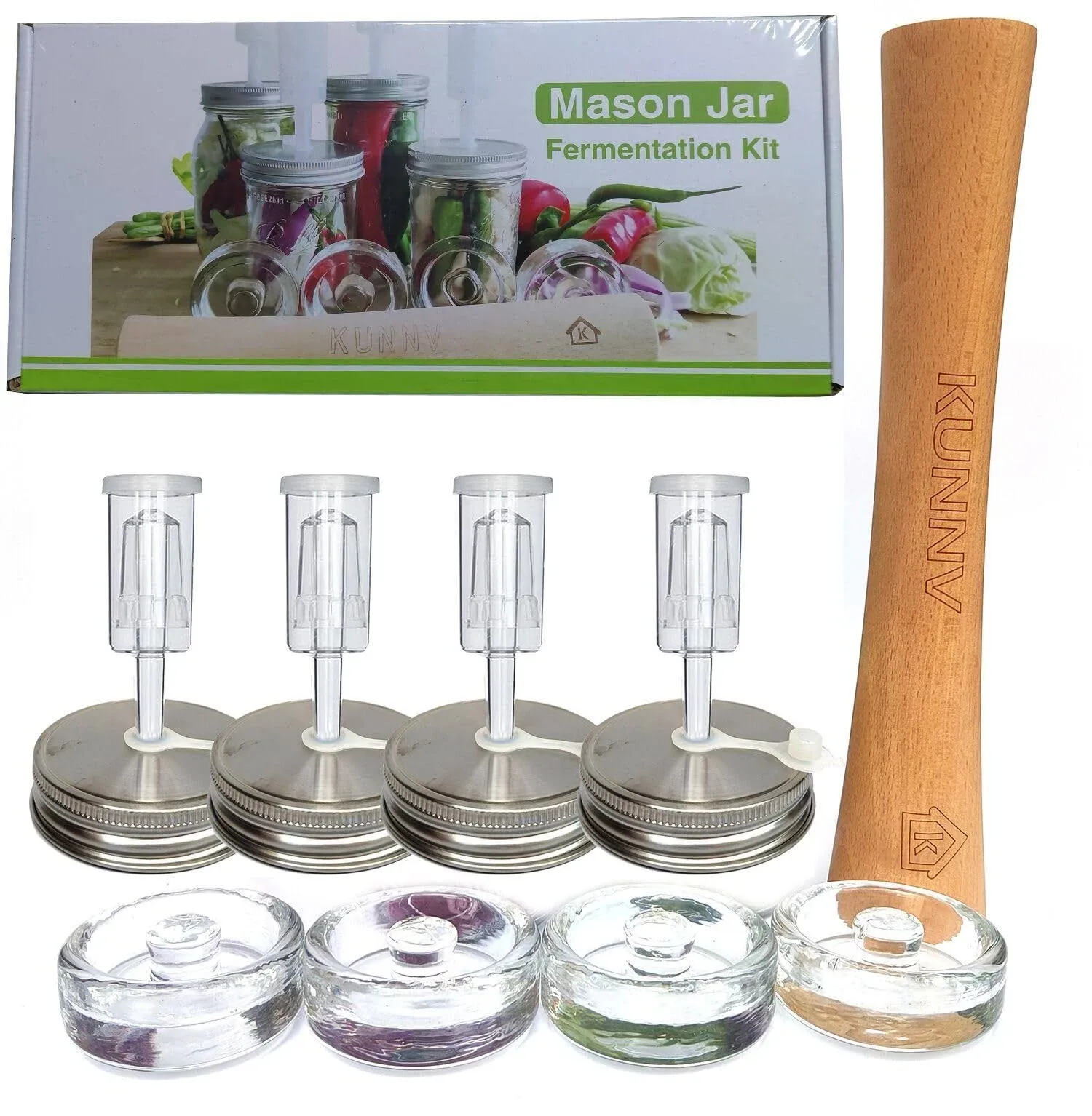 Complete Mason Jar Fermentation Kit - Sauerkraut Pounder + 4Pc Glass Weights + 4