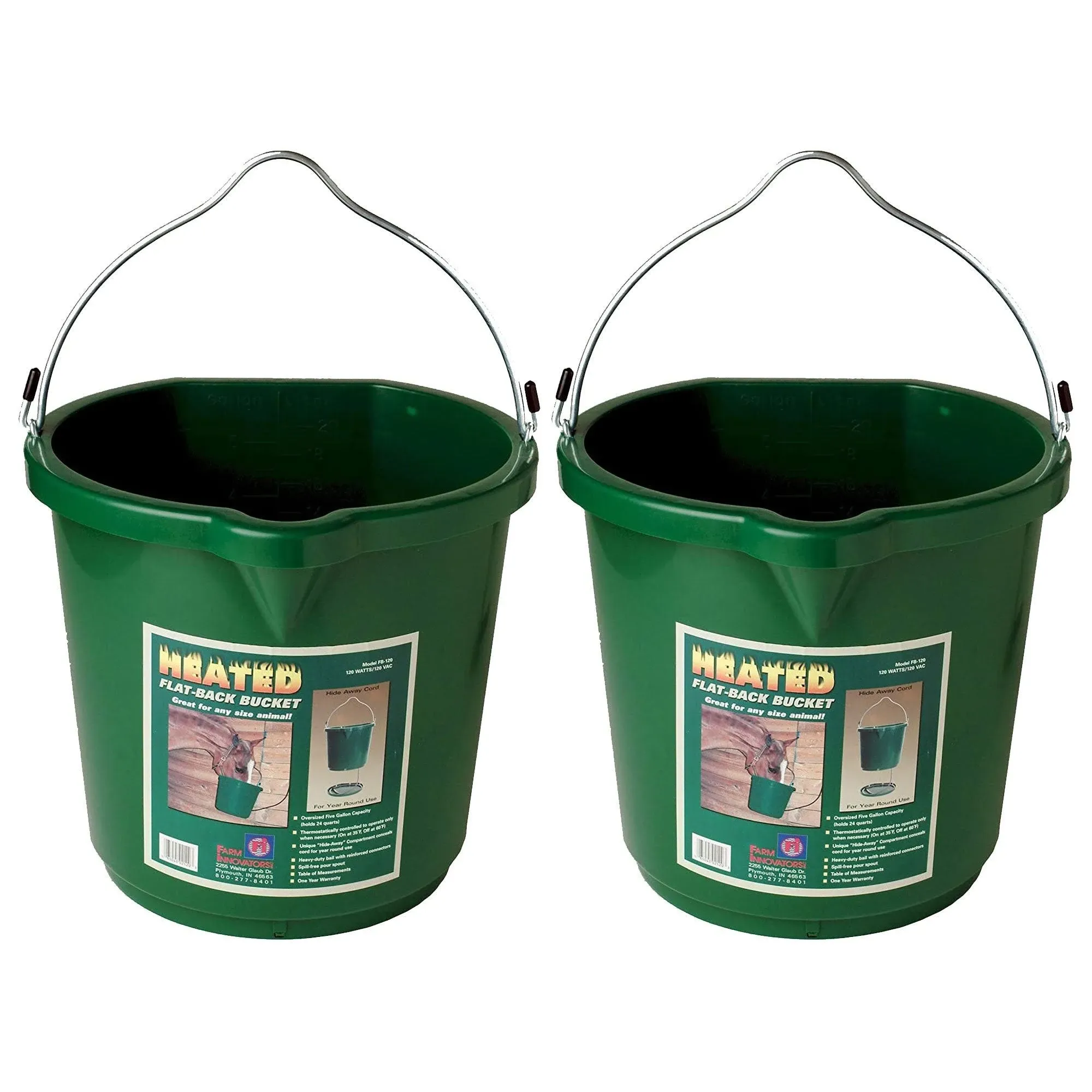 Farm Innovators FB-120 120-Watt Flat-Back Heated Water Bucket for Farm Animals, Green, 5 Gallons, Pack of 2