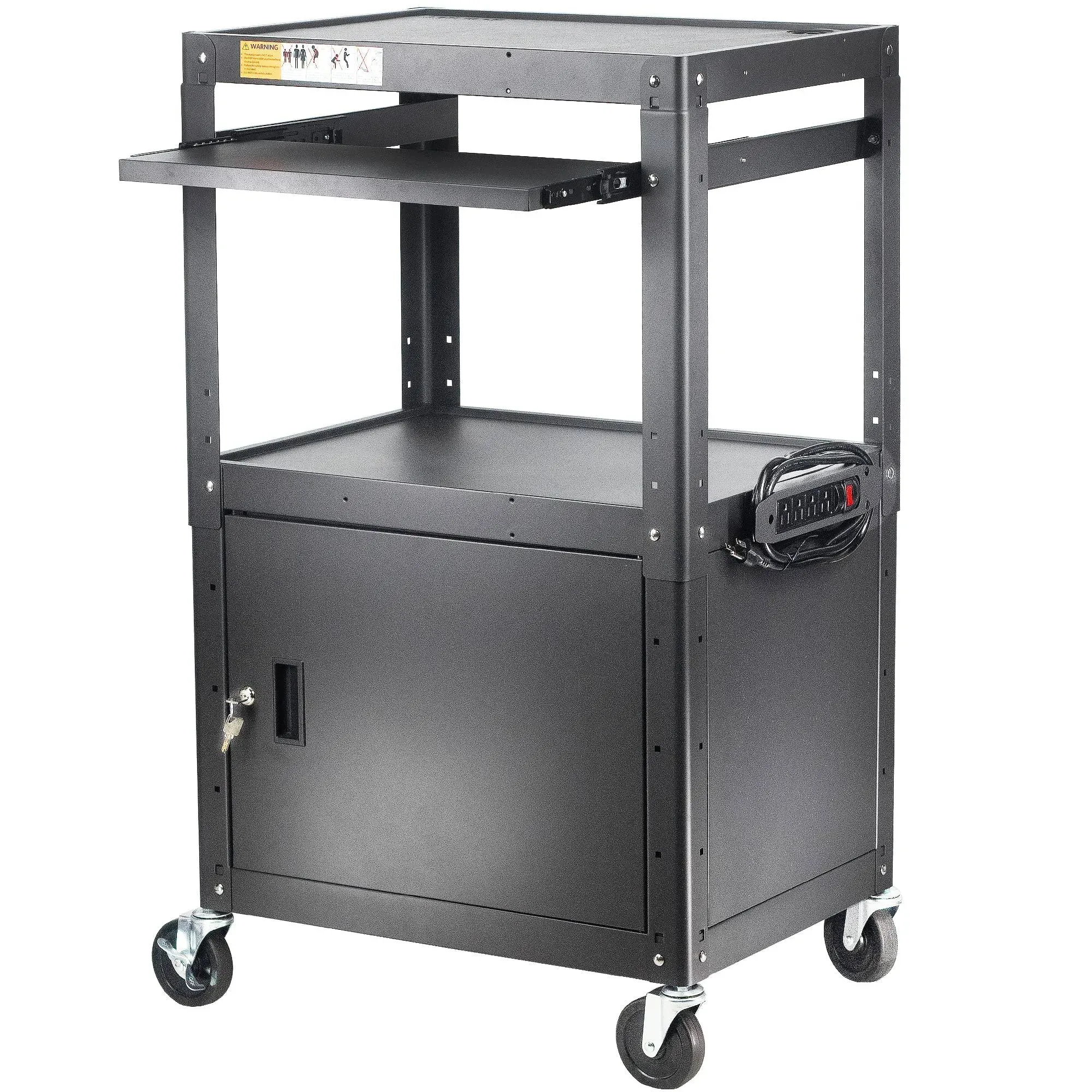 Steel Large AV Cart with Extra Storage Adjustable Height Cart with Locking Cabinet, Pullout Tray, Power Strip, and Cord Management