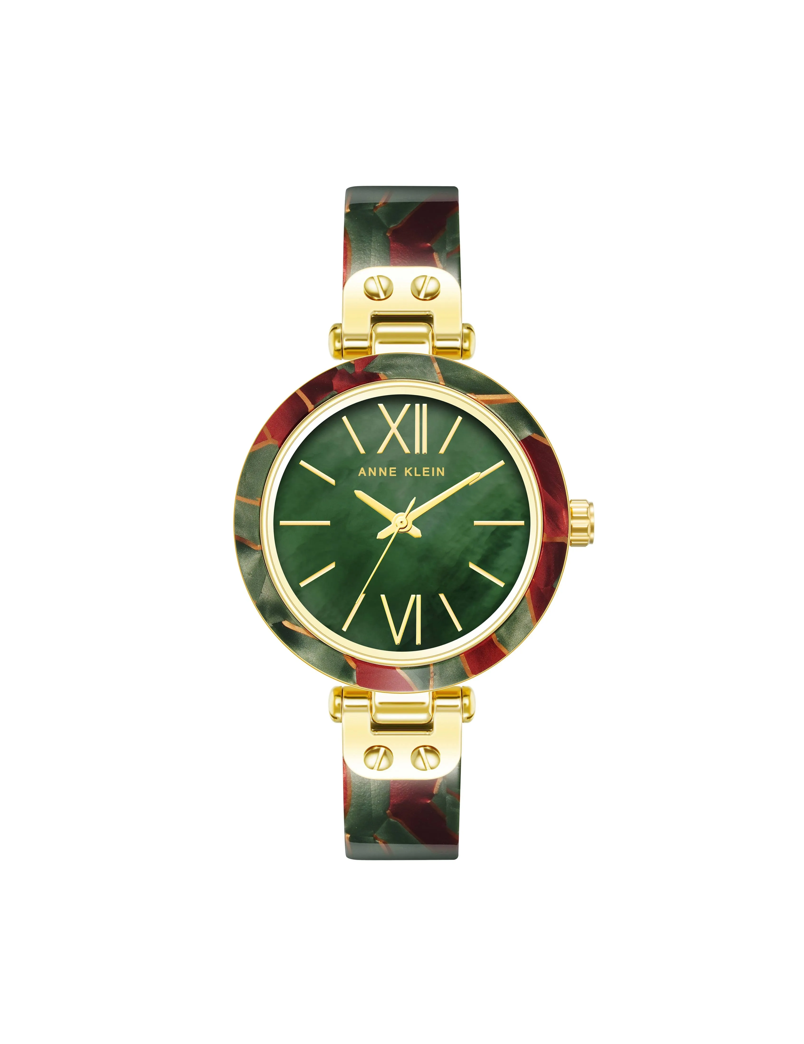 "Women's Three-hand Quartz Green And Burgundy Resin With Gold-tone Alloy Accents Bangle Watch, 34mm In Gold-tone,green,burgundy"