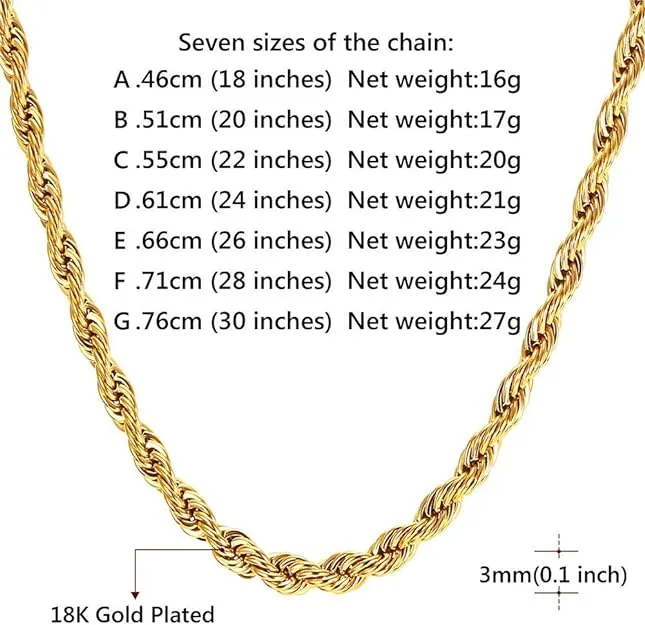 U7 Figaro Chain, Twisted Rope Chain, Men Stainless Steel Necklace,3mm,5mm,6mm,9mm 18K Gold Plated Chains Necklaces for Men Women 16"-30"