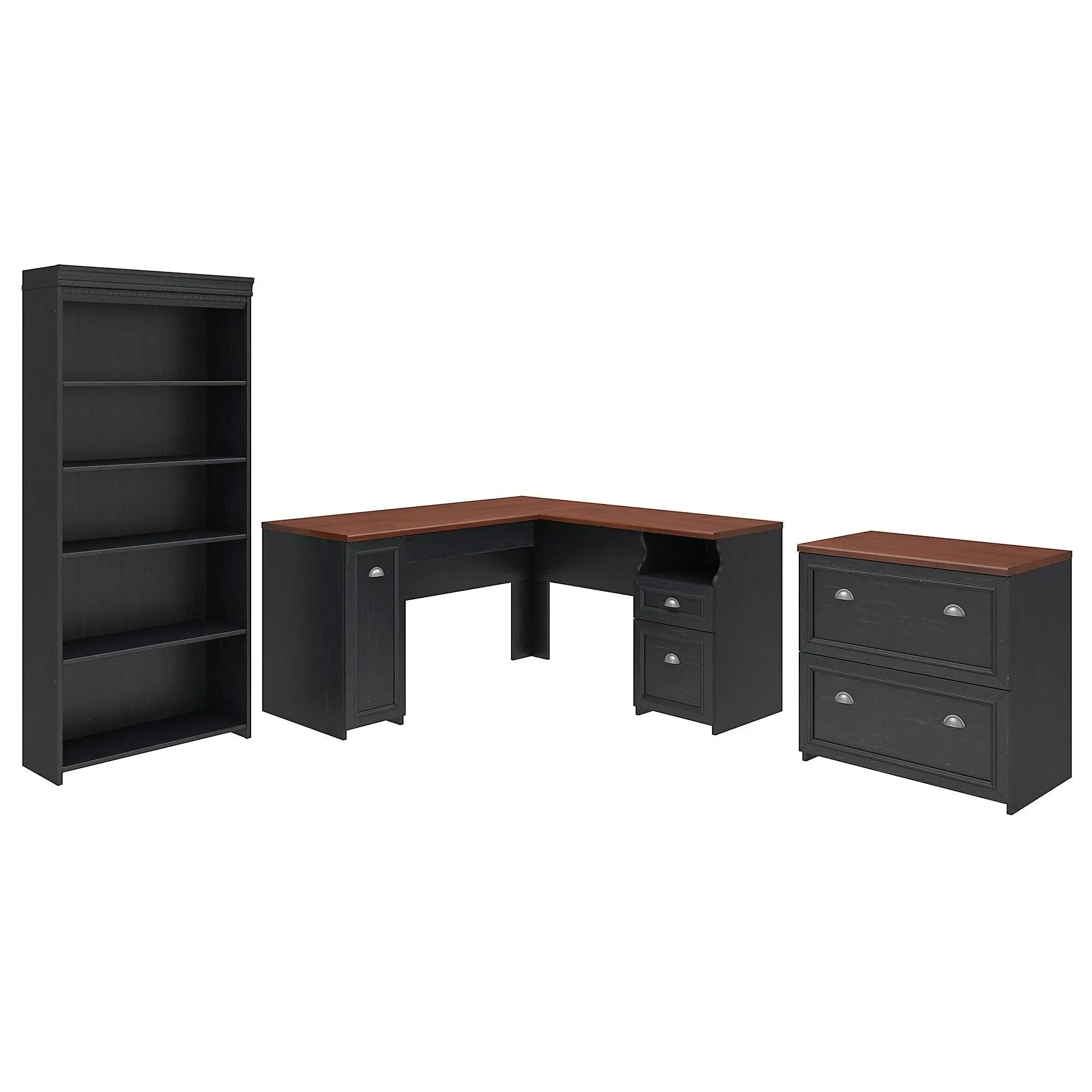 Fairview L Desk with File Cabinet &amp; Bookcase in Antique Black - Engineered Wood