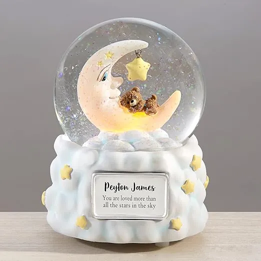 Personalization Universe Moon and Stars Personalized Snow Globe with LED Light, Custom Name and Message, Plays 'Jesus Loves Me', Ideal for Kids and Nursery Decor, Unique Personalized Baby Gifts