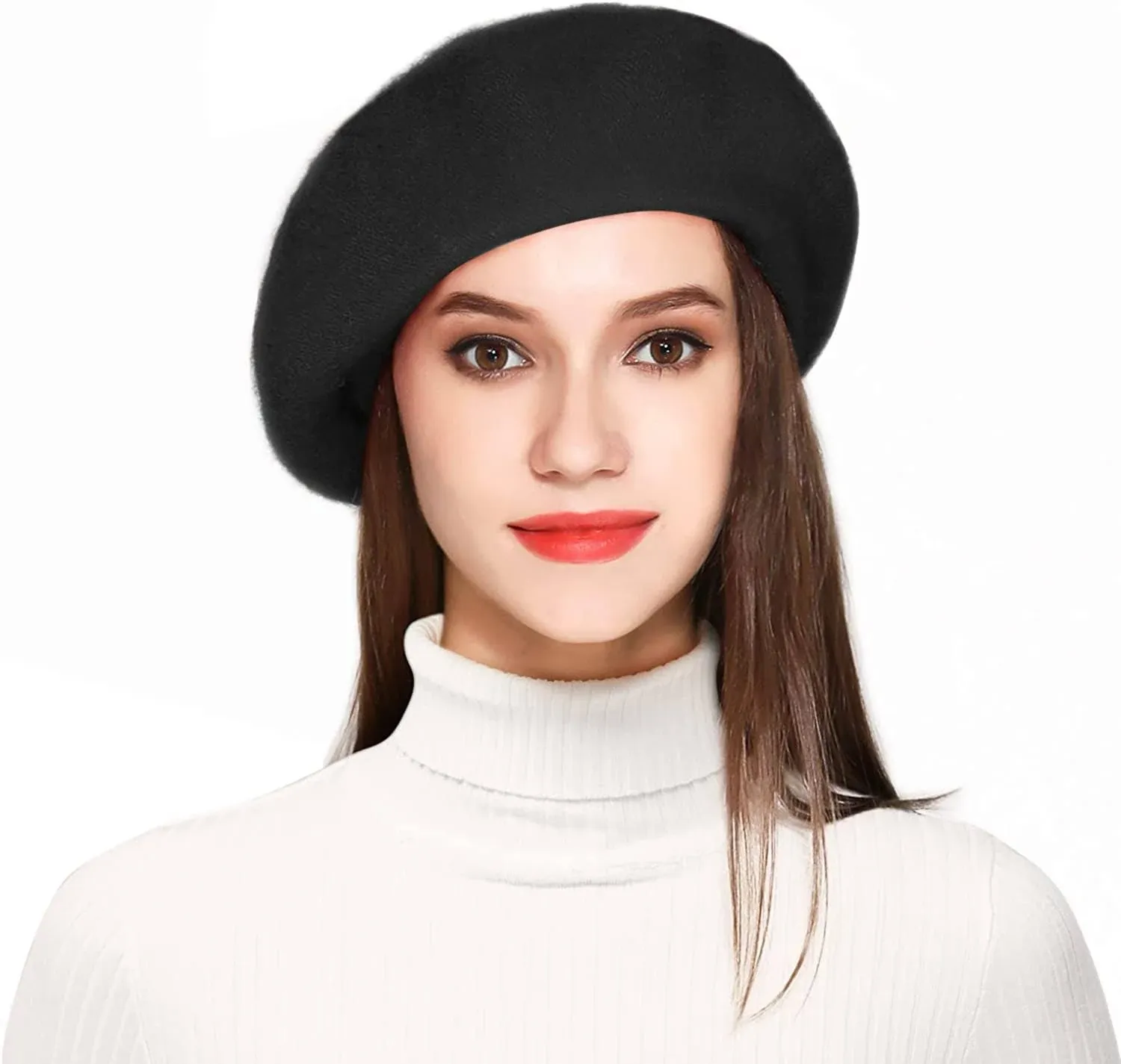 Jeicy Wool Beret Hat Solid Color French Beret with Skily Scarf and Brooch Black