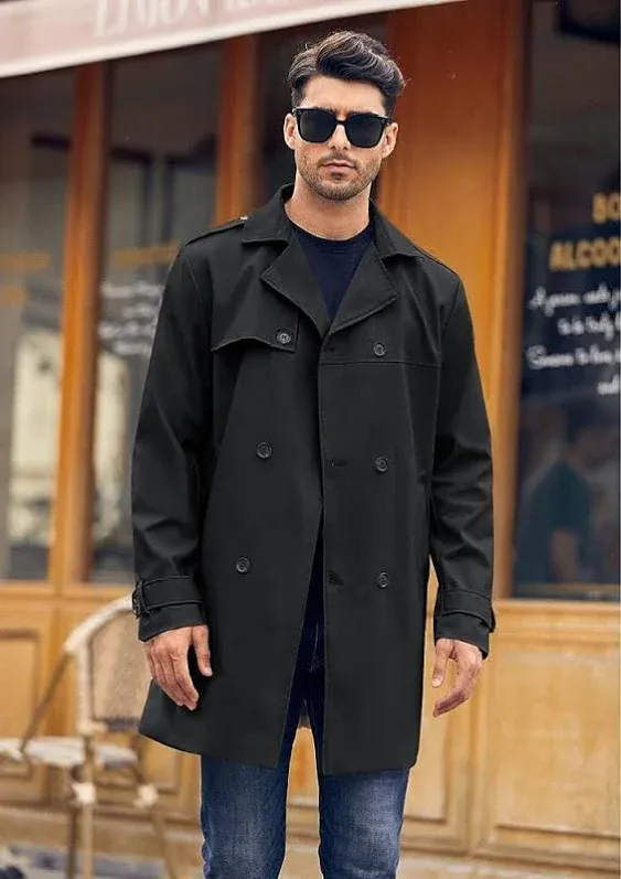 Pretifeel Mens Trench Coat Slim Fit Double Breasted Long Jacket Notched Lapel Be