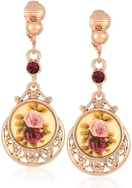 Manor House Rose Purple Crystal Flower Clip On Drop Earrings