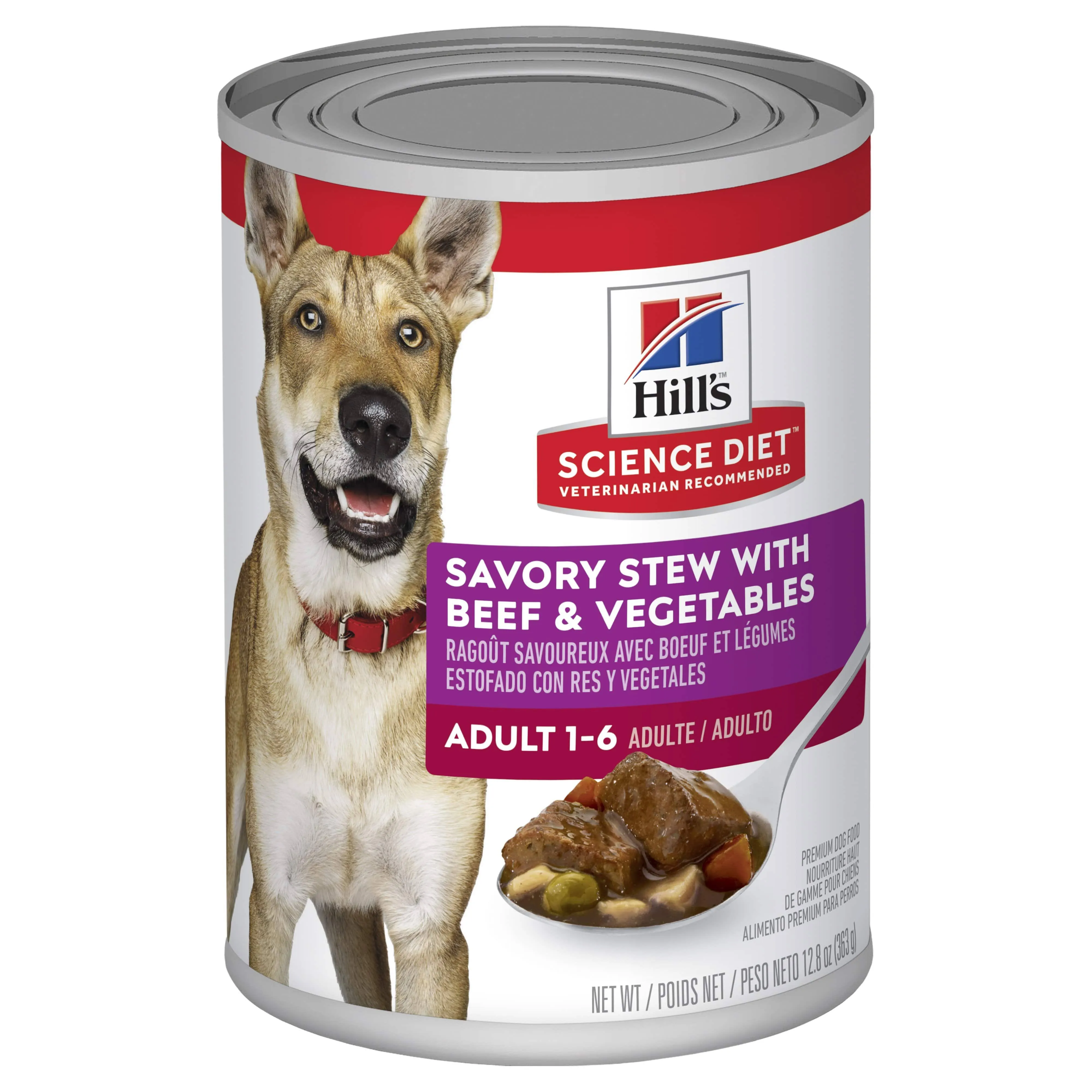 Hill's Savory Stew with Beef Vegetables Canned Dog Food, 12.8 oz, 12-pack.