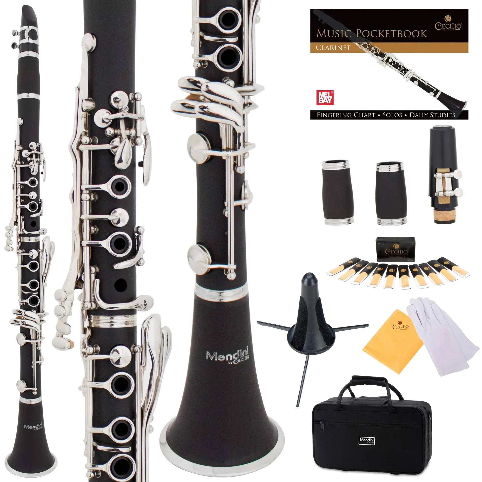 Mendini by Cecilio B Flat Beginner Student Clarinet with 2 Barrels, Case, Stand ...